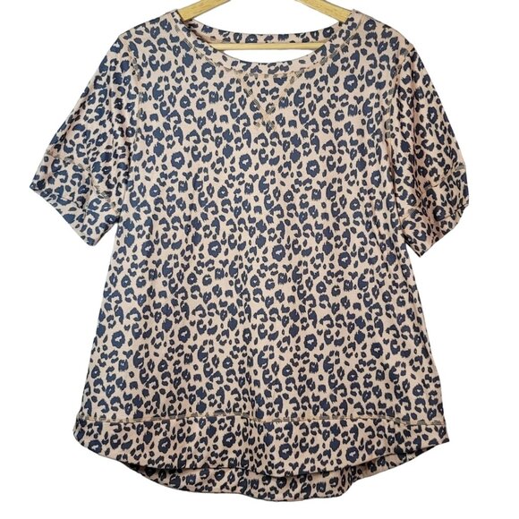 2/$15 Lalala Womens Leopard Print Top Tan 2XL Short Sleeve High-Low Casual - Picture 1 of 8